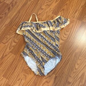 Yellow and Black Patterned One-Shoulder Swimsuit